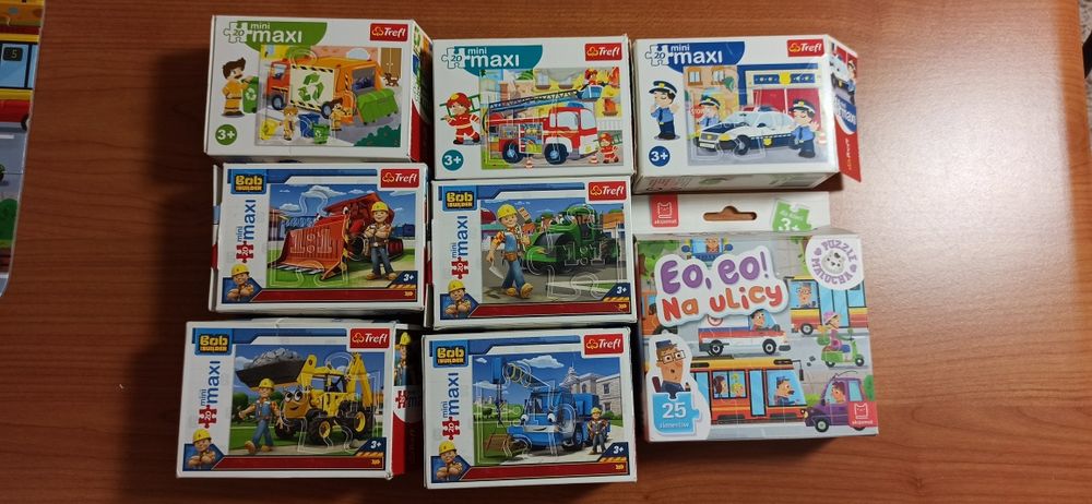 Zestaw 8 opakowań puzzli, Bob Budowniczy, koparka, auta