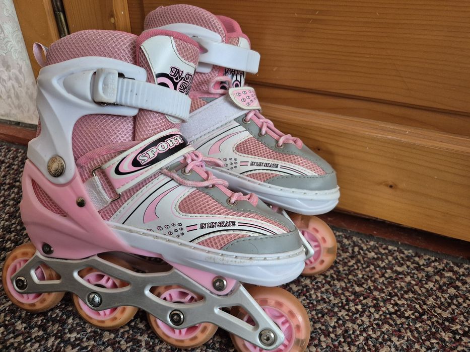 Дитячі ролики з комплектом захисту, рожеві роликові ковзани 34-38.