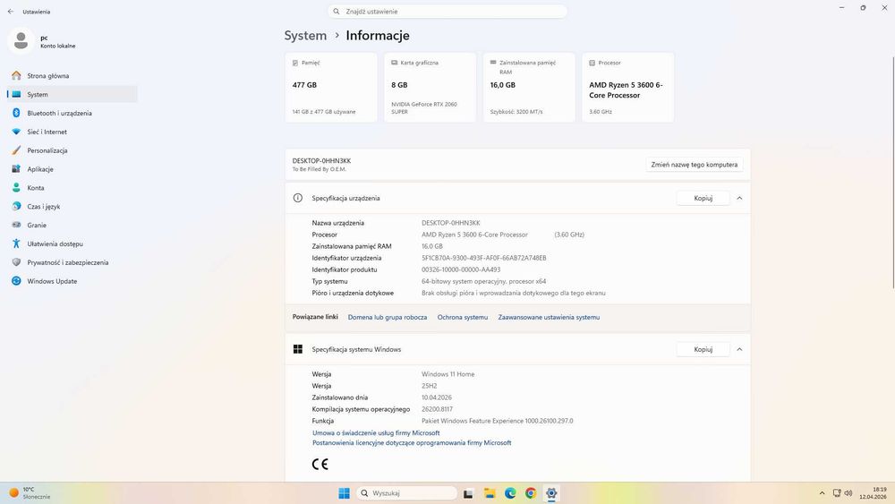 Gamingowy Komputer PC Ryzen 5 3600 RTX2060 Super SSD NVMe 512 16GB RAM