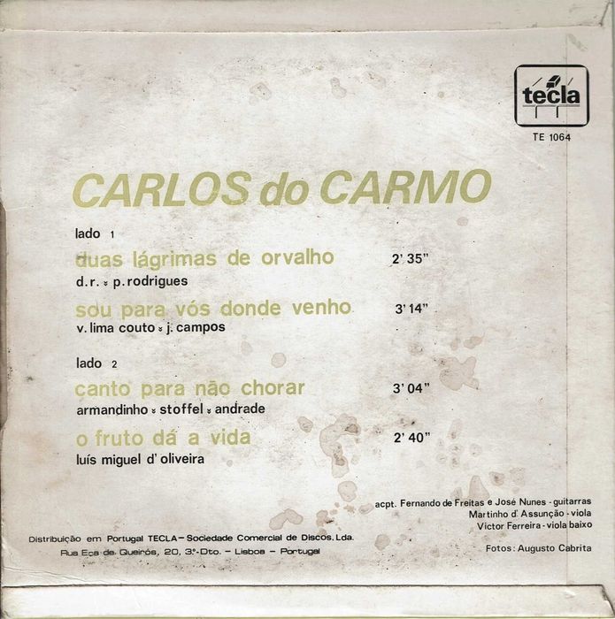Carlos Do Carmo ‎– Duas Lágrimas De Orvalho