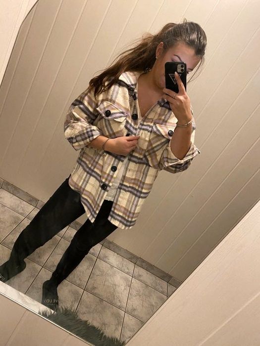 kurtka koszulowa damska narzutka przejściowa w kratę beżowa kremowa