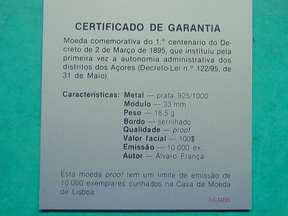 1352 - PROOF: 100$00 1995 Autonomy of the Azores, for €31.0064552043280130123
