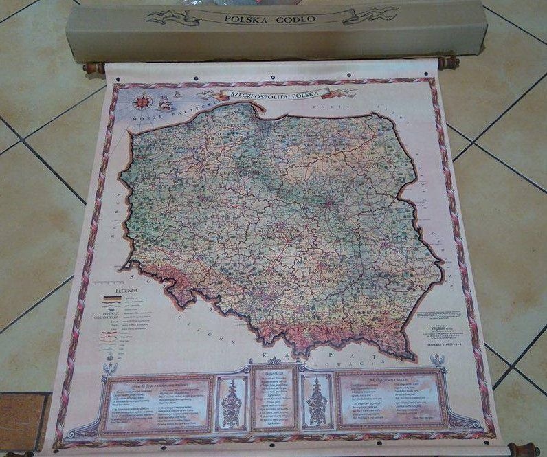 NOWA DUŻA Dwustronna Ścienna Mapa Polski Godło Herby 66x88cm Starodruk