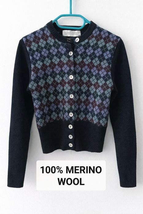 Vintage wełniany kardigan w romby 100% Wełna Merino krótki sweterek