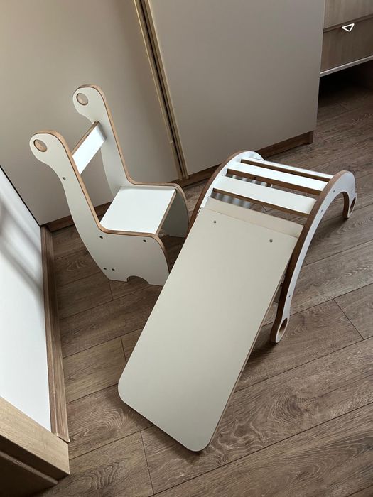 Zestaw Montessori dla dzieci bujak, stolik, krzeselko, zjezdzalnia 3w1