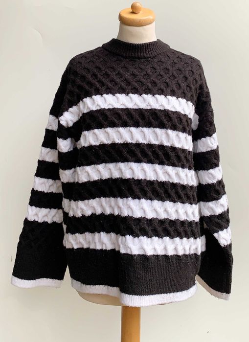 Sweter Paski Gina Tricot L 40 Czarny Biały Pleciony Wełna Wełniany