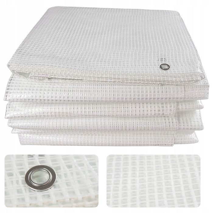 Oczkowana Plandeka przezroczysta 4x6m zbrojona 100g biała okute rogi