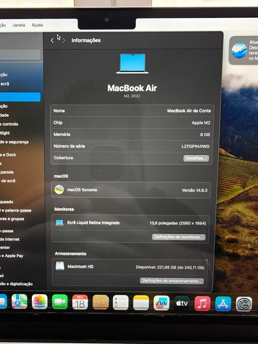 MacBook Air M2 2022 8GB 256GB | Ecrã danificado | Funciona 100%