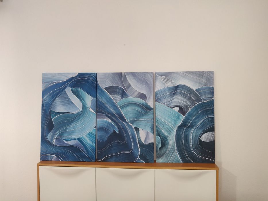 Tela grande abstrata azul , verde água e prata 54x85