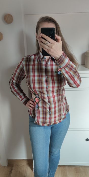 Koszula w kratkę z haftami w kwiaty M/L bawełna