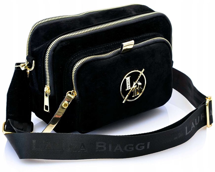 Torebka Damska Laura Biaggi Listonoszka Na Ramię Czarna Zamsz Logo