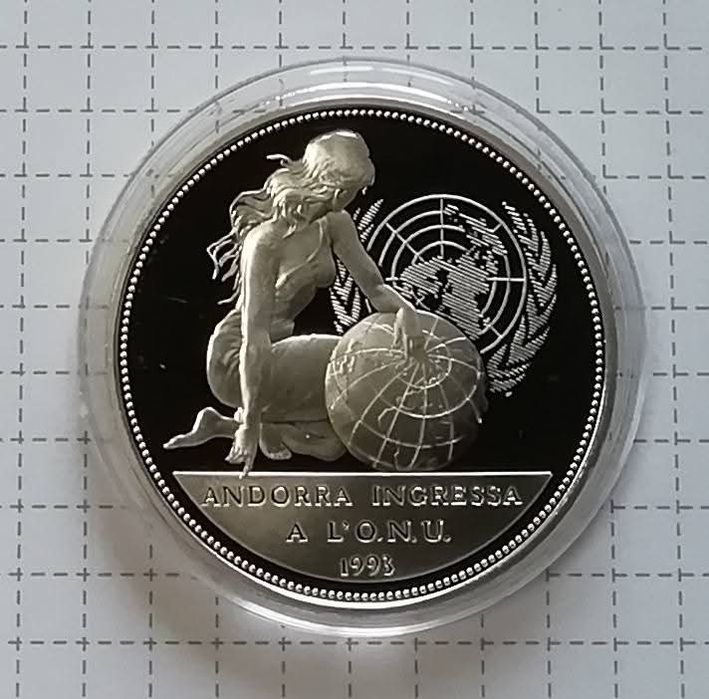 Андорра 10 дінерів 1994р. Членство Андорри в ООН. СРІБЛО. Сертифікат.
