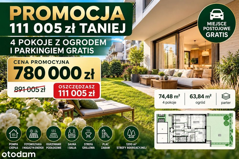 4 Pokoje + Ogród 64 M² | Parking Gratis | Promocja | Bez Pcc