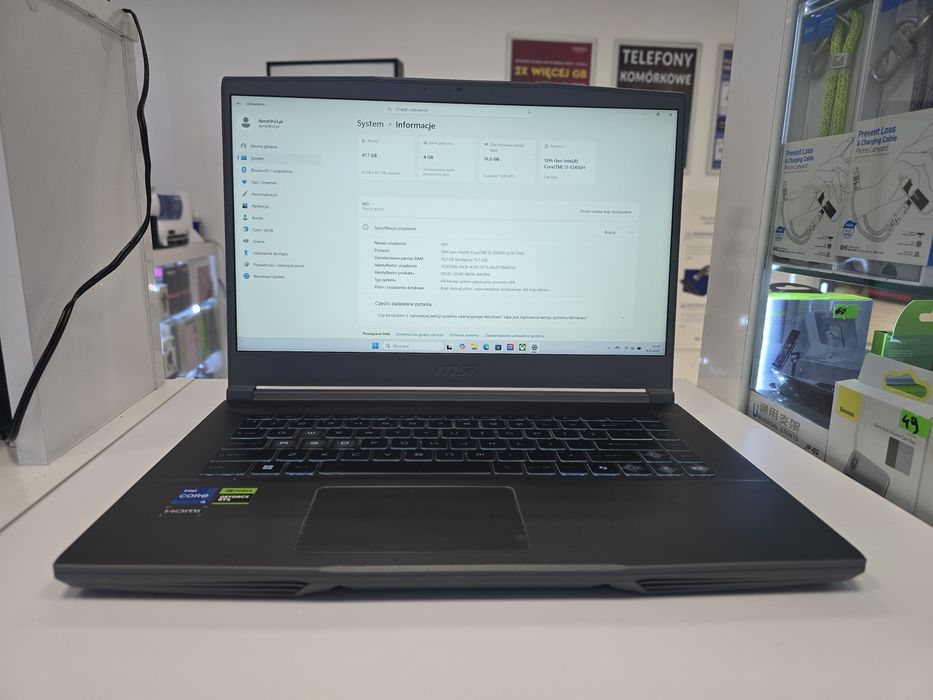 Laptop MSI Thin 15 B12UC RTX 3050 i5-12450H 16GB Ram 512 ssd - gwaranc