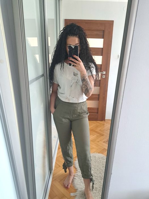 Spodnie damskie cienkie wiskoza khaki rozmiar s