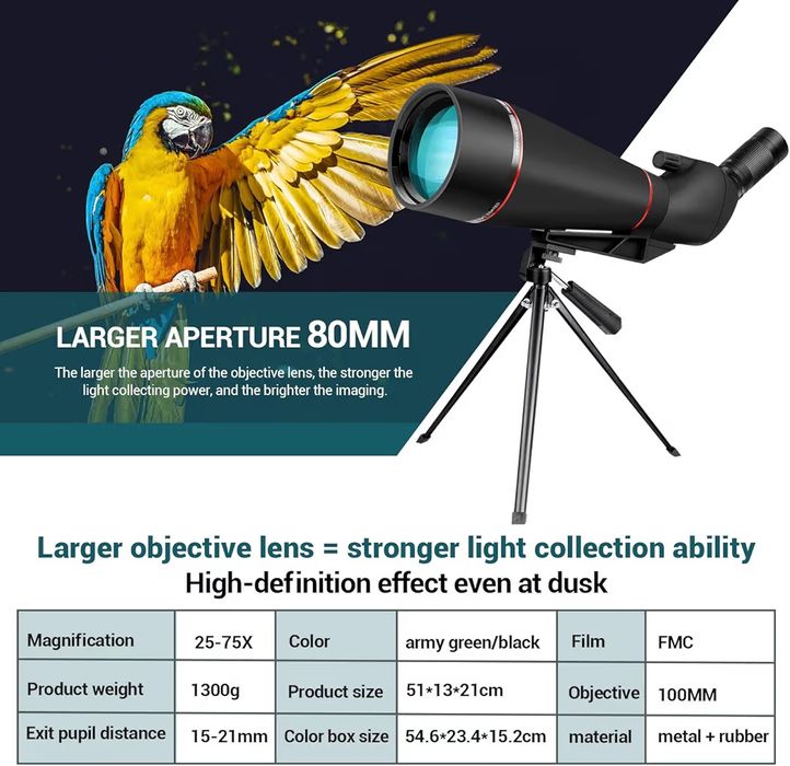 Telescópio terrestre potente 100 mm 25-75X zoom impermeável FMC BAK4 p