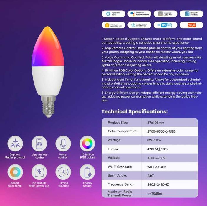 MOES WIFI Lâmpada Inteligente E14 3 unidades