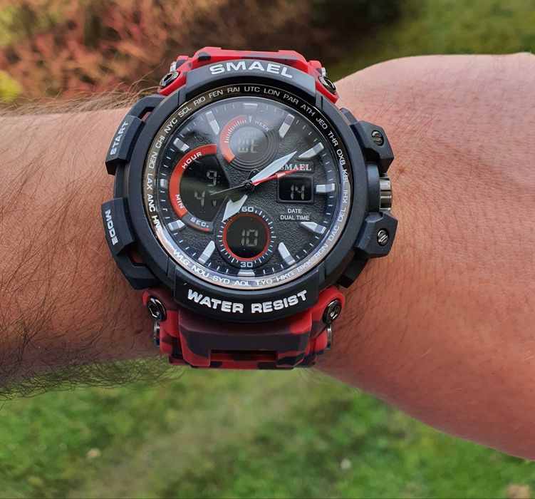 Sportowy zegarek męski - czerwone moro