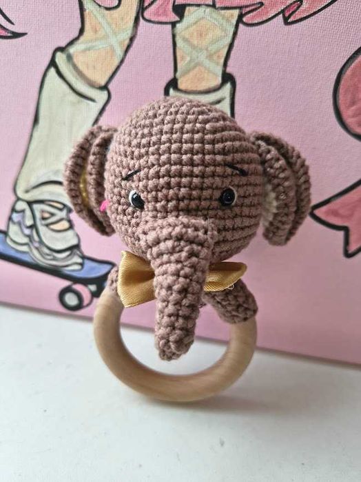 Брязкальце зі слоником 13 см | Ручна робота, іграшка для немовлят