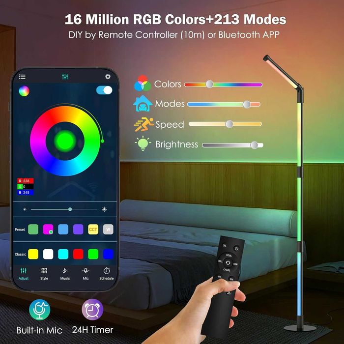 Lampa podłogowa narożna RGB 16 mln kolorów Pilot Aplikacja Music‑sync