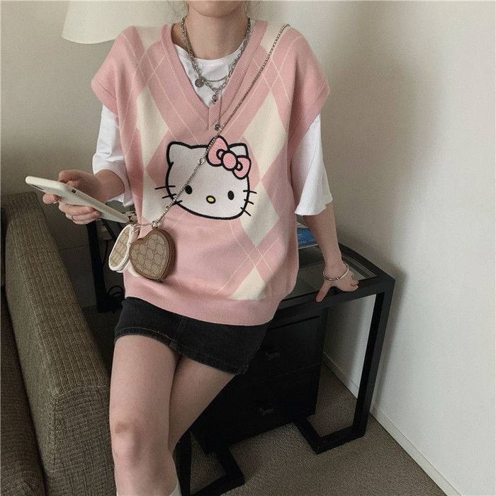 Damski Sweter Anime, Hello Kitty Kamizelka w Romby - S
