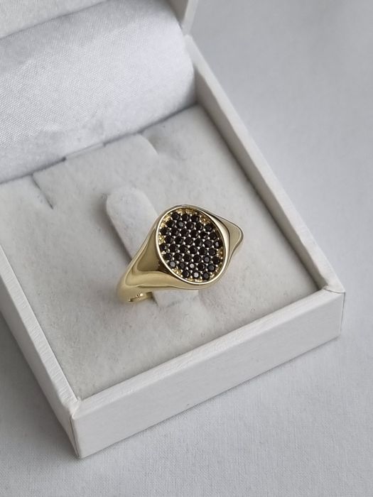 Obłędny złoty nowy damski sygnet z czarnym oczkiem 14k 585