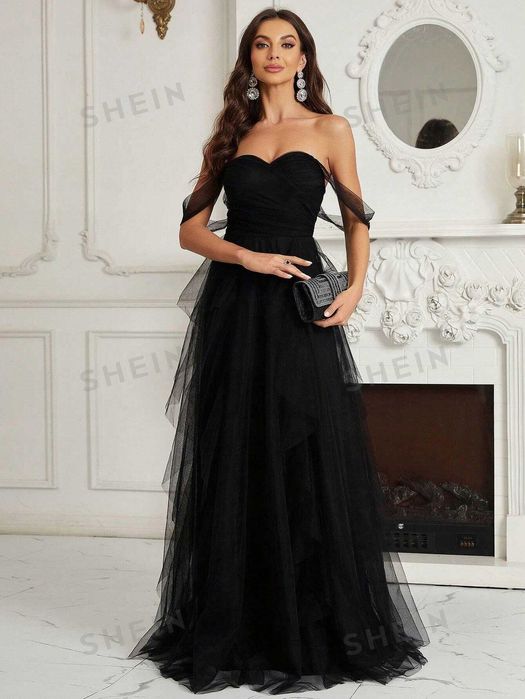 Czarna długa sukienka tiulowa gorsetowa balowa 40/42