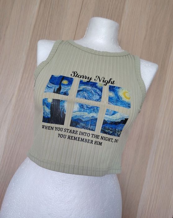 Pistacjowy prążkowany crop top grafika XS/S