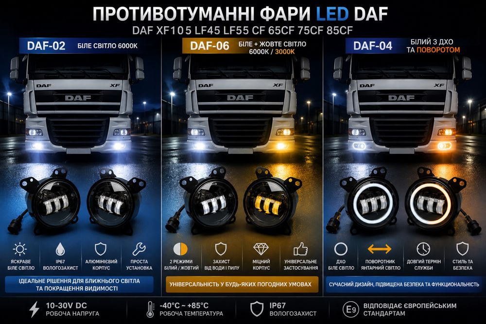 Противотуманные фары лед LED DAF XF105 LF45 LF55 CF 65CF 75CF 85CF птф штатные туманки ближний свет