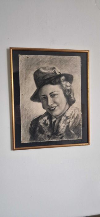 Przedwojenny aukcyjny rysunek portret weglem autorstwa Karola Frycza