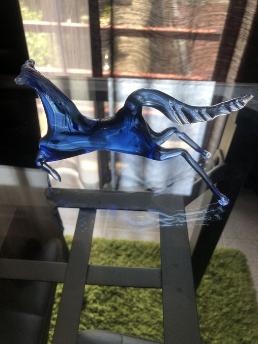 Cavalo em Vidro Soprado Azul Estilo Murano - Peça Decorativa Itália