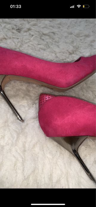 Szpilki zamszowe fuksja lustrzane 38,5/39 srebrne różowe