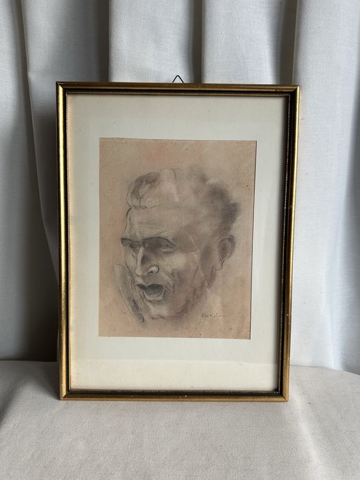 Stary obraz, portret męski – rysunek vintage w drewnianej ramie, sygnowany