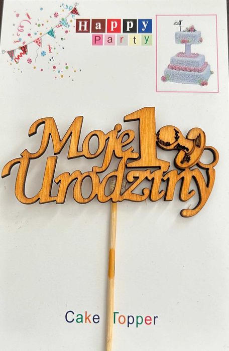 Topper złoty na tort Urodziny Roczek Drewniany