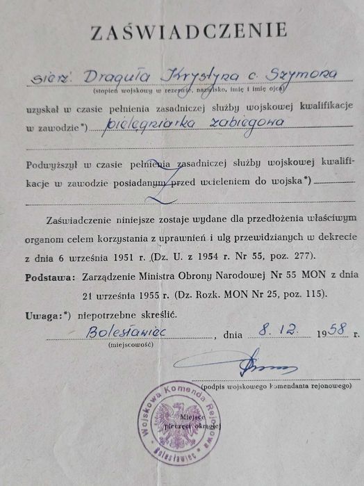 Stary dokument zaświadczenie pielęgniarka zabiegowa 1958r