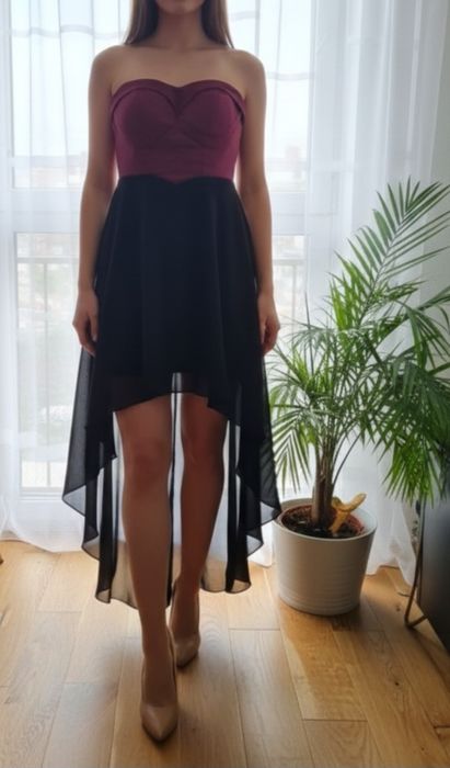 Bordowa Czarna dluga asymetryczna sukienka gorsetowa 38 M sylwestra