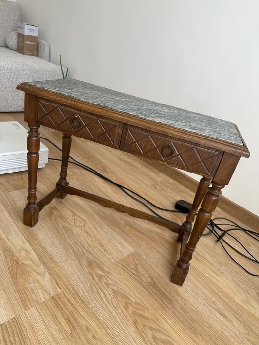 przepiękny stolik konsola konsolka drewniana z granitowym blatem egzotyczna vintage stylowa
