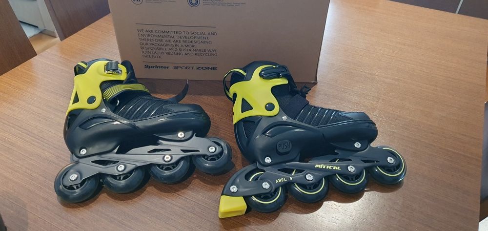 Patins em linha 35-38 + capacete+proteção braços e pernas