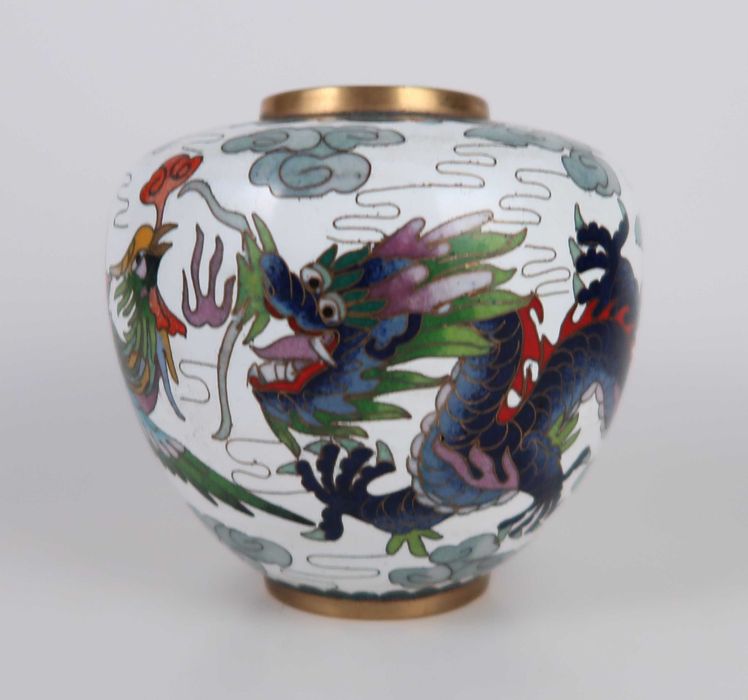 Pote sem tampa cloisonné antigo - Fênix e Dragão