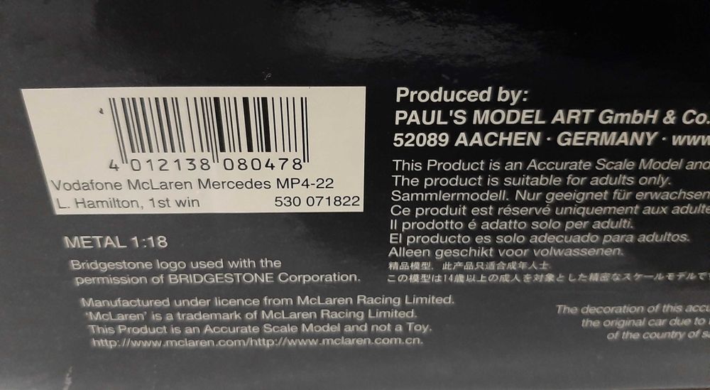 Lewis Hamilton 1a vitória McLaren MP4-22 F1 2007 Minichamps 1:18