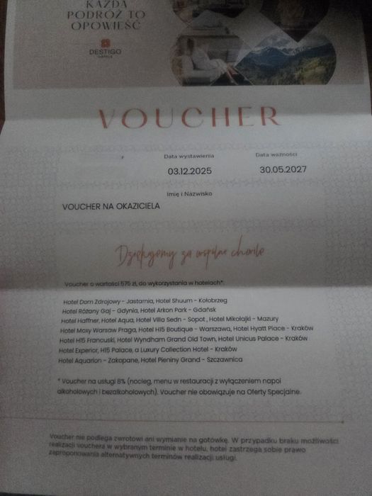 Voucher na pobyt w hotelu