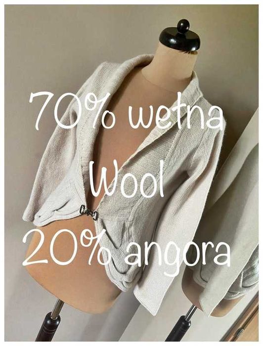 Pret sweter bolero narzutka kardigan krem beż wełna angora 42 44 xxl