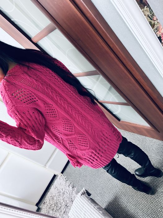 Sukienka sweterkowa oversize fuksja S M L frędzle