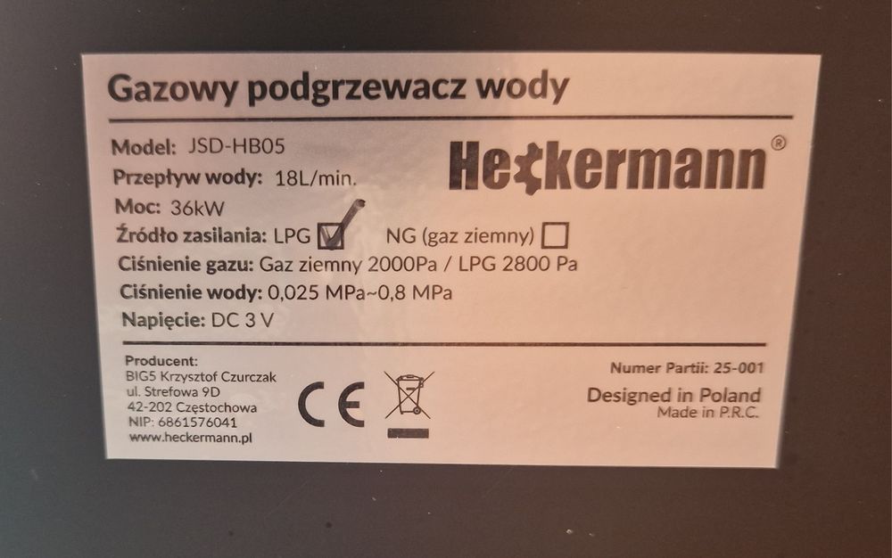 Przepływowy ogrzewacz wody lpg gazowy heckermann