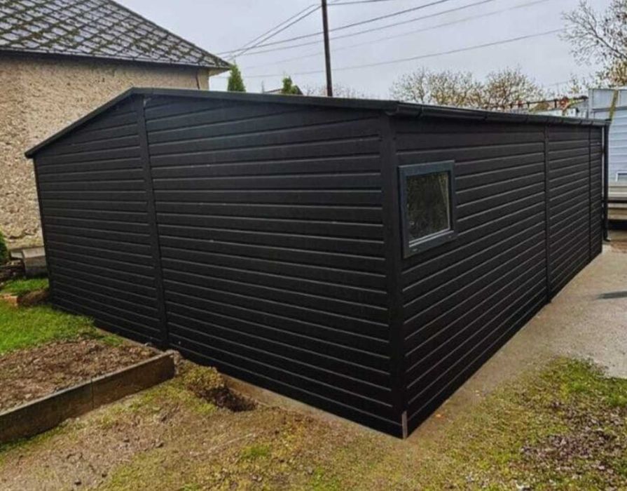 Garaż blaszany 6x6 czarny dwustanowiskowy dwuspadowy brama uchylna