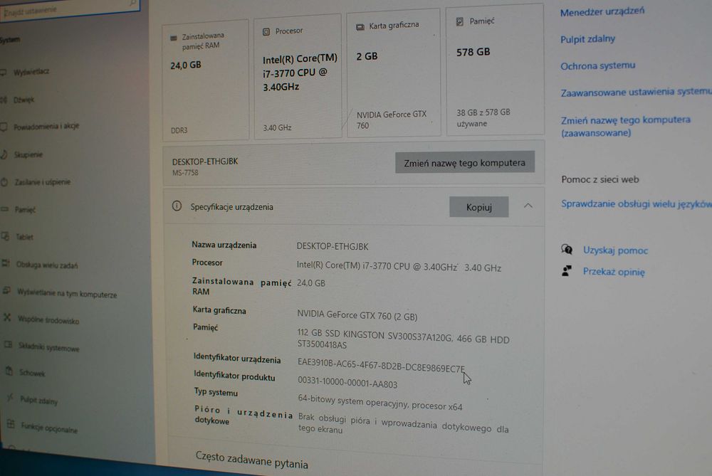 Komputer do gier i7-3770 grafika GTX760 2GB 24GB RAM DDR3 SSD