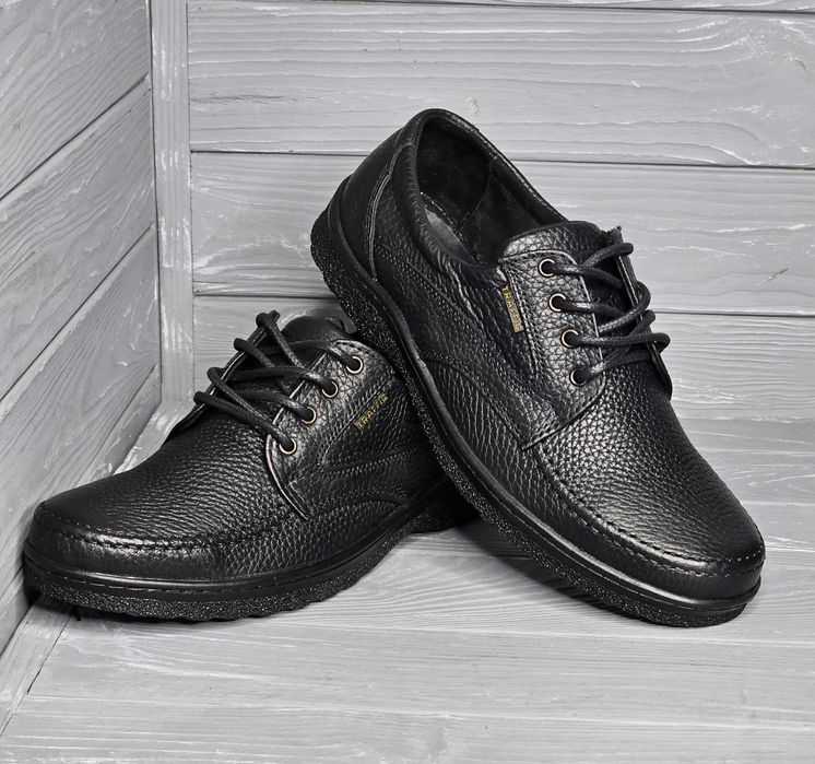 39-48рр! Кожаные мужские черные широкие прошитые туфли резинка шнурок!