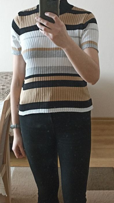 Golf sweter w paski z krótkim rękawem L