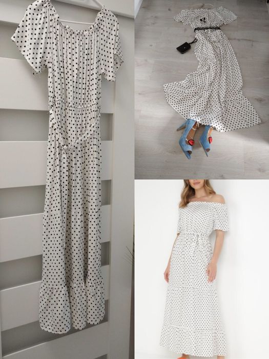 Sukienka maxi biała czarne kropki grochy hiszpanka uni S M L XL