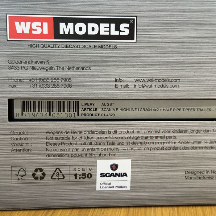Model 1:50 WSI Scania R Highline 4x2 + naczepa